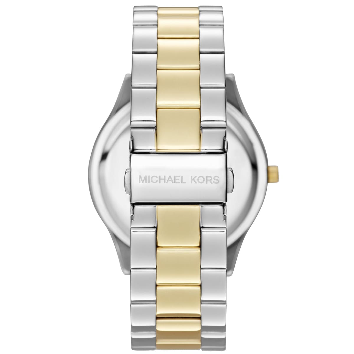 Detailed view of silver and gold stainless steel links for MK3198 watch
