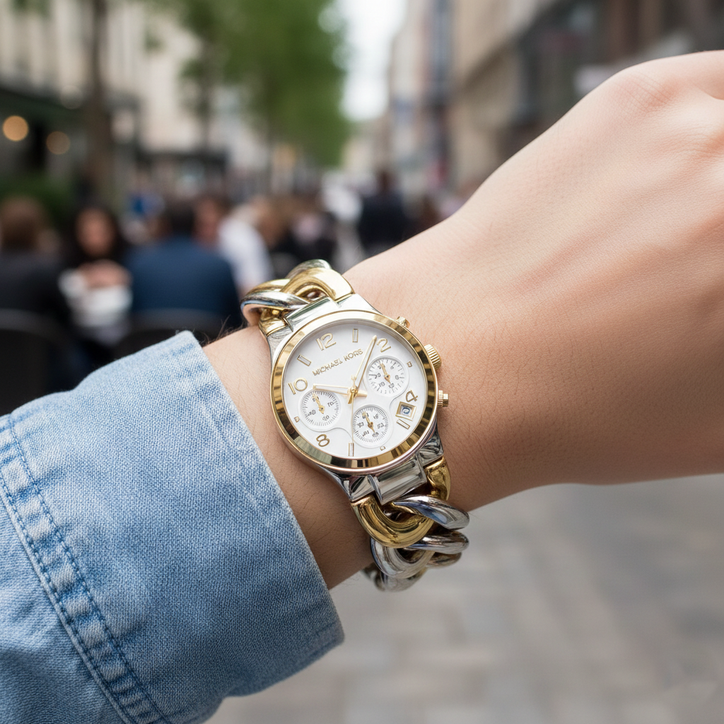 Chic woman wearing Michael Kors MK3199 twist chain watch on smooth hairless wrist