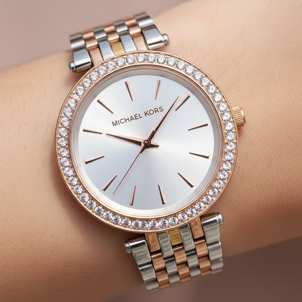 تفاصيل مينا ساعة Michael Kors MK3203 السيلفر والمؤشرات الروز جولد وإطار الكريستال