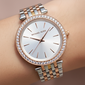 تفاصيل مينا ساعة Michael Kors MK3203 السيلفر والمؤشرات الروز جولد وإطار الكريستال