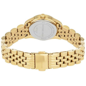 Back view of the Michael Kors MK3229 watch showing the stainless steel caseback and specs