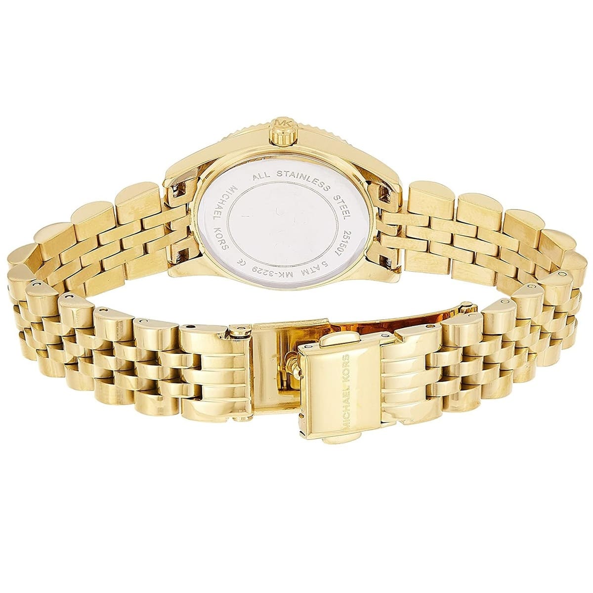 Gold-tone stainless steel deployment clasp with Michael Kors logo on the MK3229 bracelet