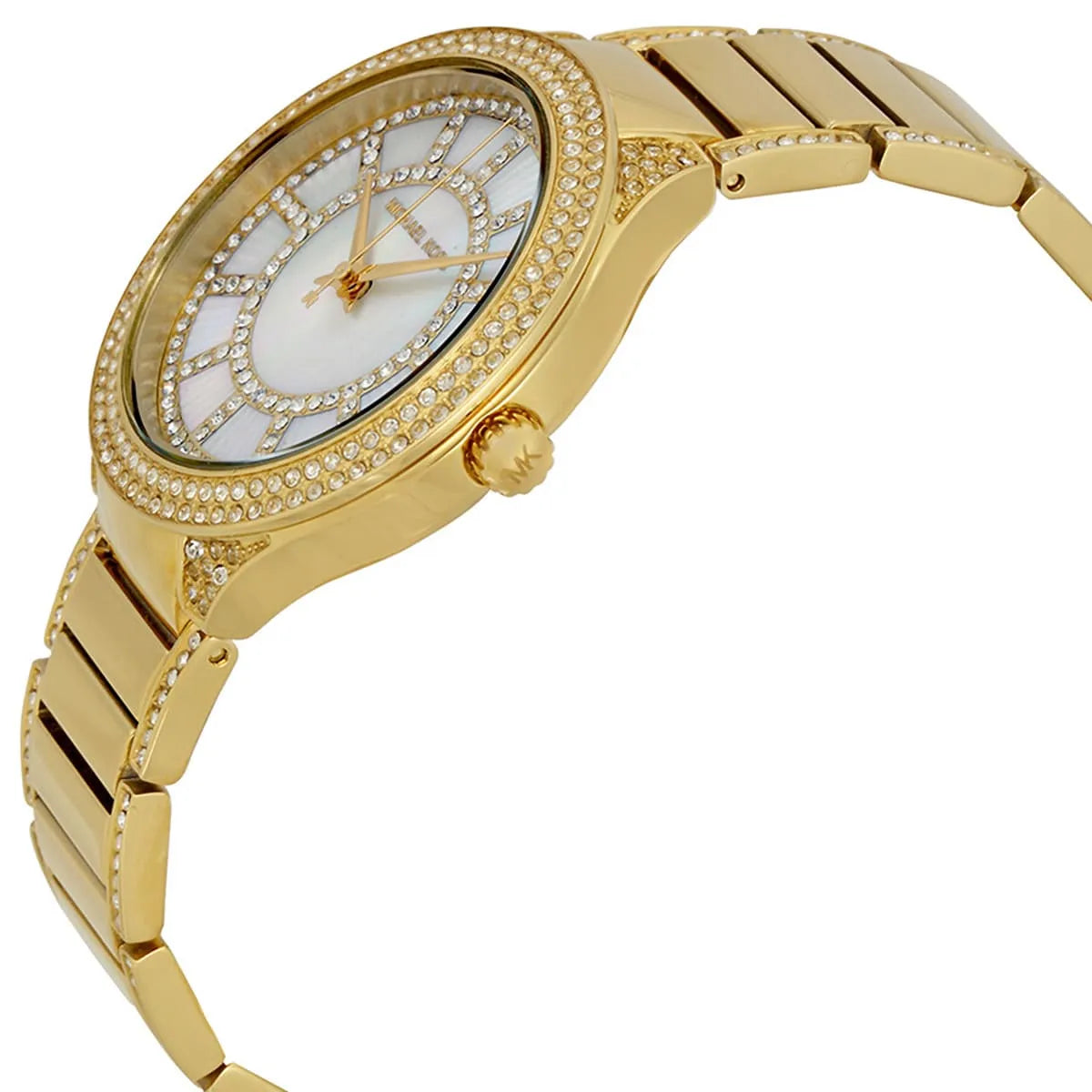 Angled view of Michael Kors MK3312 showing brilliance of crystal-set bezel