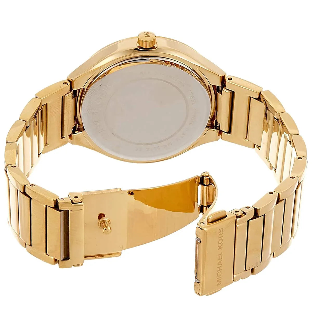 Gold-tone deployment clasp with engraved Michael Kors logo for MK3312