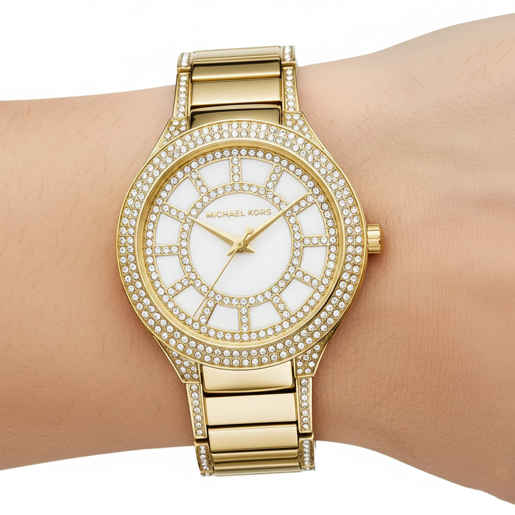 Close-up of Michael Kors MK3312 double crystal bezel and geometric white dial