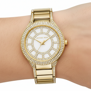 Close-up of Michael Kors MK3312 double crystal bezel and geometric white dial