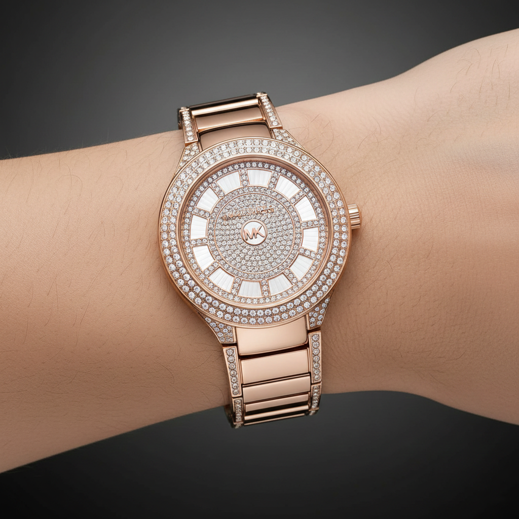 Extreme close-up of Michael Kors MK3443 showing rose gold crystal bezel and dial