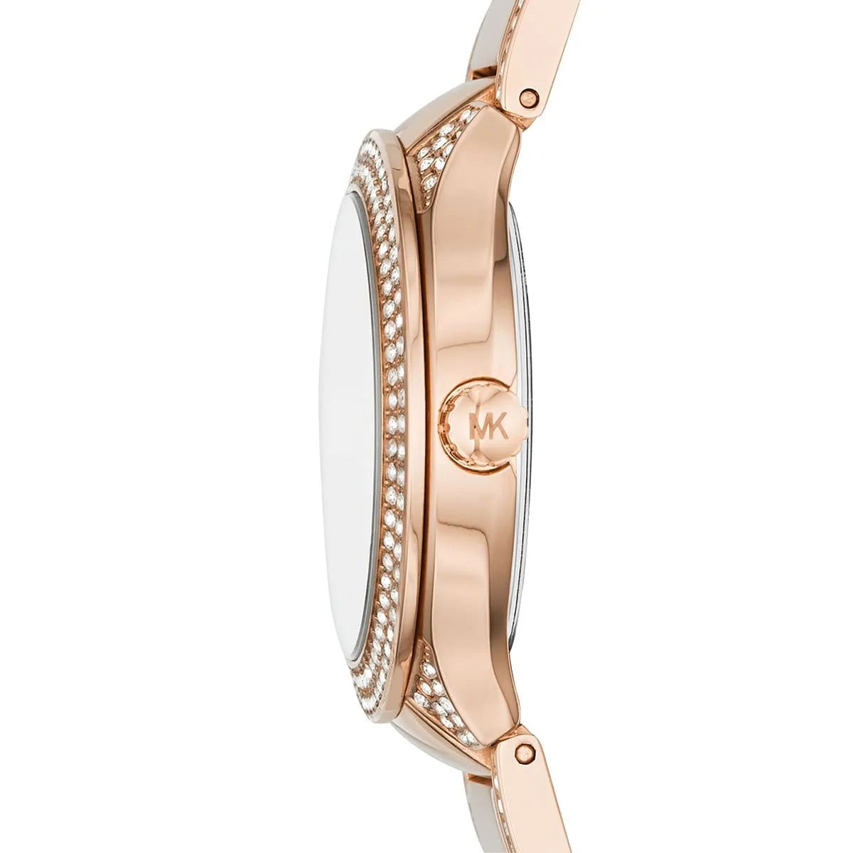 Side profile of Michael Kors MK3443 showing slim rose gold case and crystal lugs