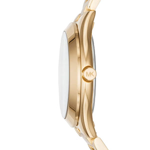 Side view of Michael Kors MK3477 showing slim profile and gold crown