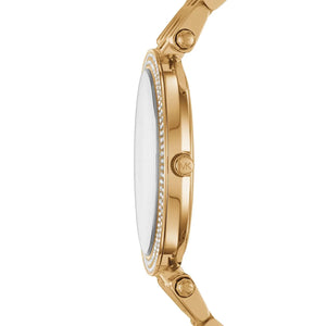Side view of Michael Kors MK3727 showing slim gold case and crystal setting