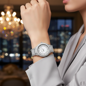 Chic woman wearing Michael Kors MK4657 silver crystal watch on hairless wrist