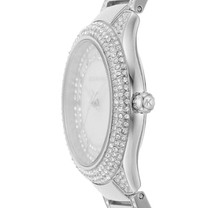 Side profile of Michael Kors MK4657 showing slim silver case and crystal lugs