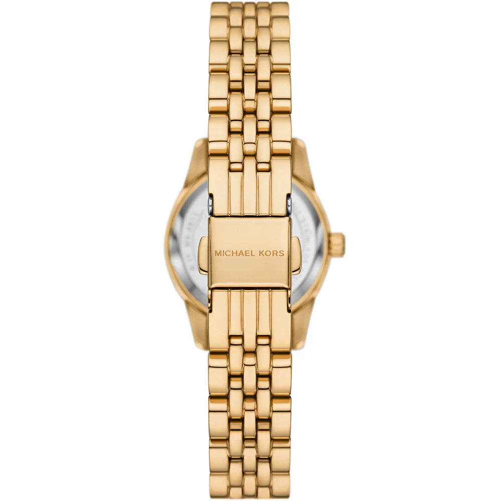 Back view of the Michael Kors MK4813 watch showing the stainless steel caseback and specs