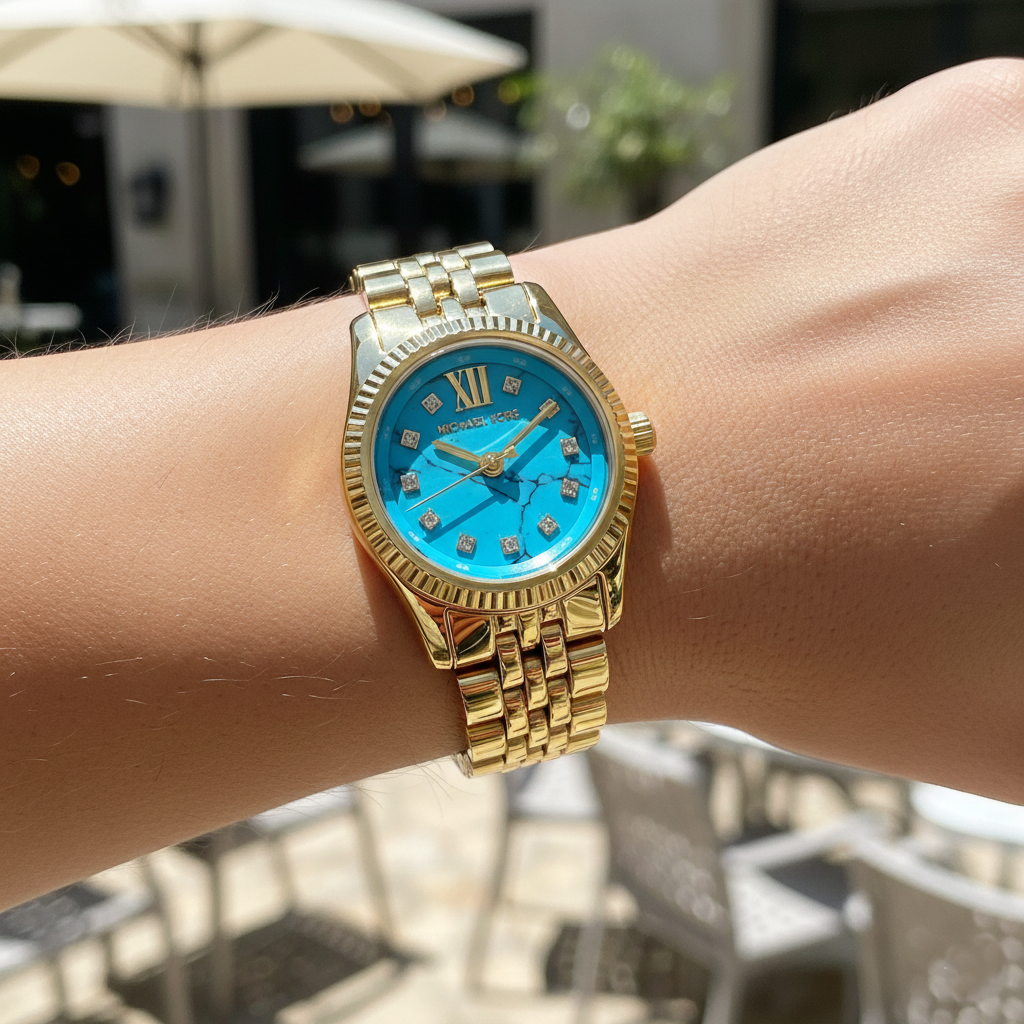Close up shot of Michael Kors MK4813 on wrist showing the delicate 26mm size and vibrant turquoise dial