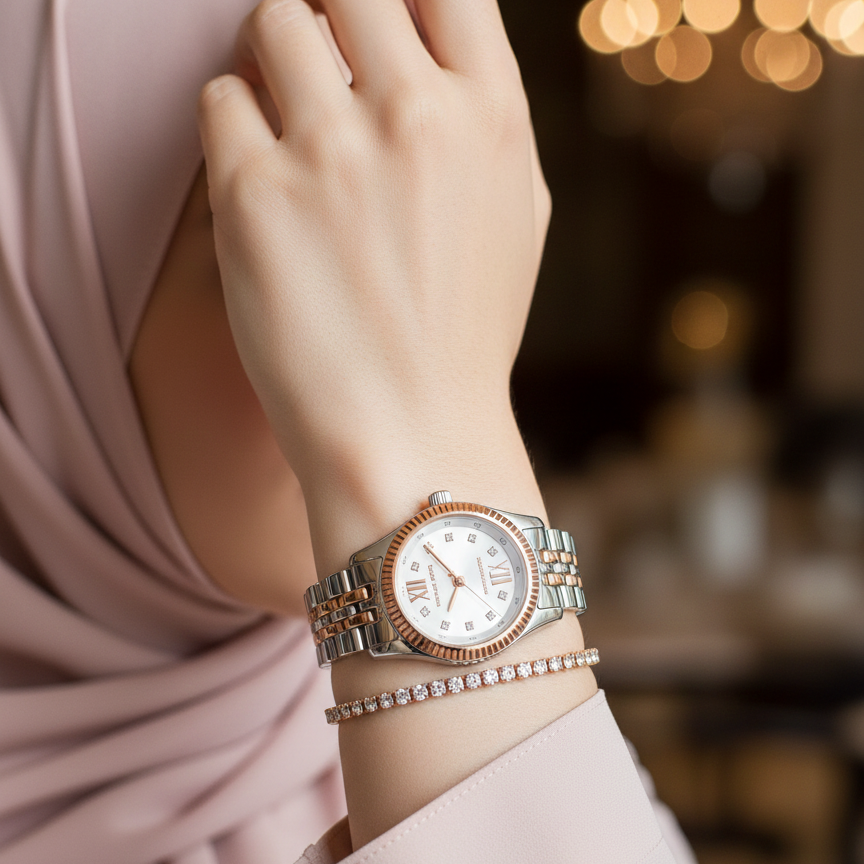 Modest woman wearing Michael Kors MK4817 silver and rose gold watch on hairless wrist