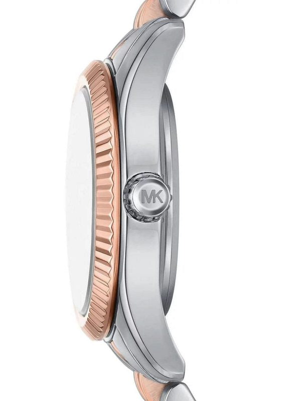 Side profile of Michael Kors MK4817 showing rose gold fluted bezel and two-tone links