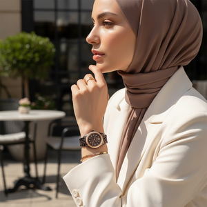Woman wearing Michael Kors Lexington Mini chocolate brown watch styled with warm autumn fashion colors