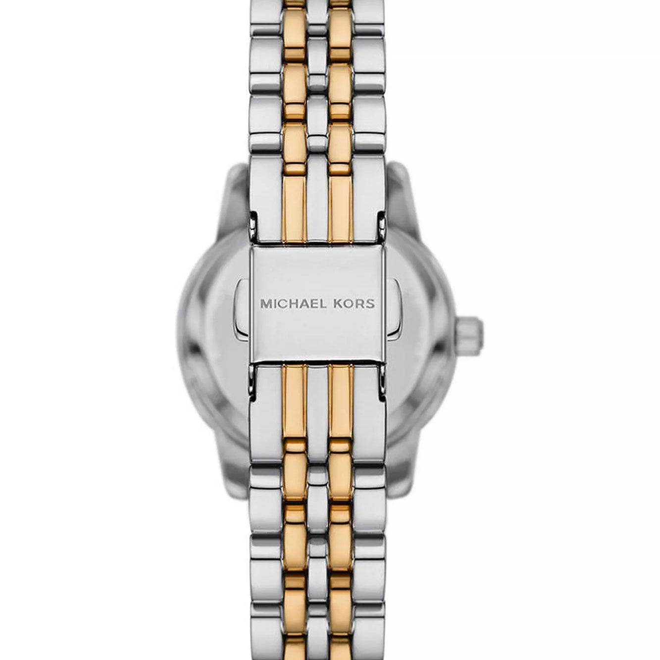 Back view of the Michael Kors MK4865 watch showing the stainless steel caseback and specs