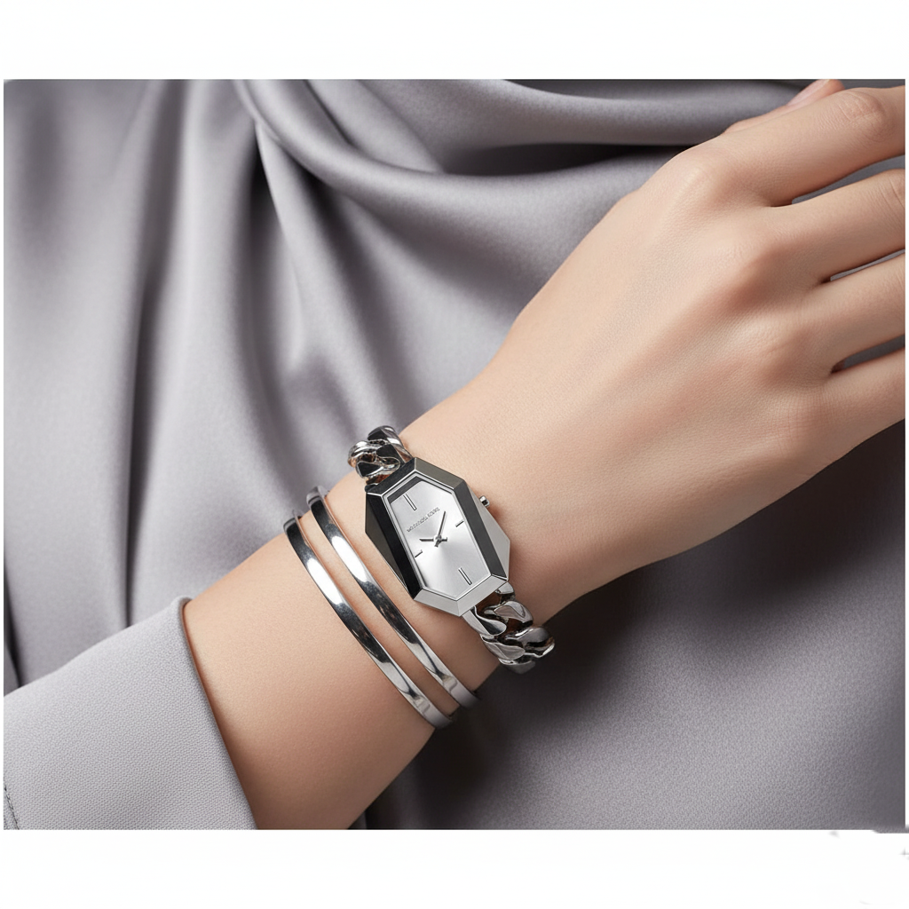 Modest woman wearing Michael Kors MK4879 silver hexagonal chain watch on hairless wrist