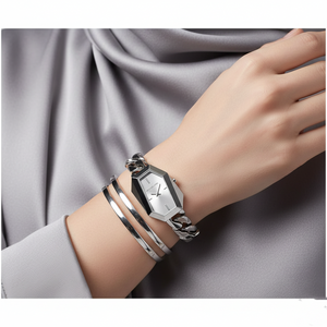 Modest woman wearing Michael Kors MK4879 silver hexagonal chain watch on hairless wrist