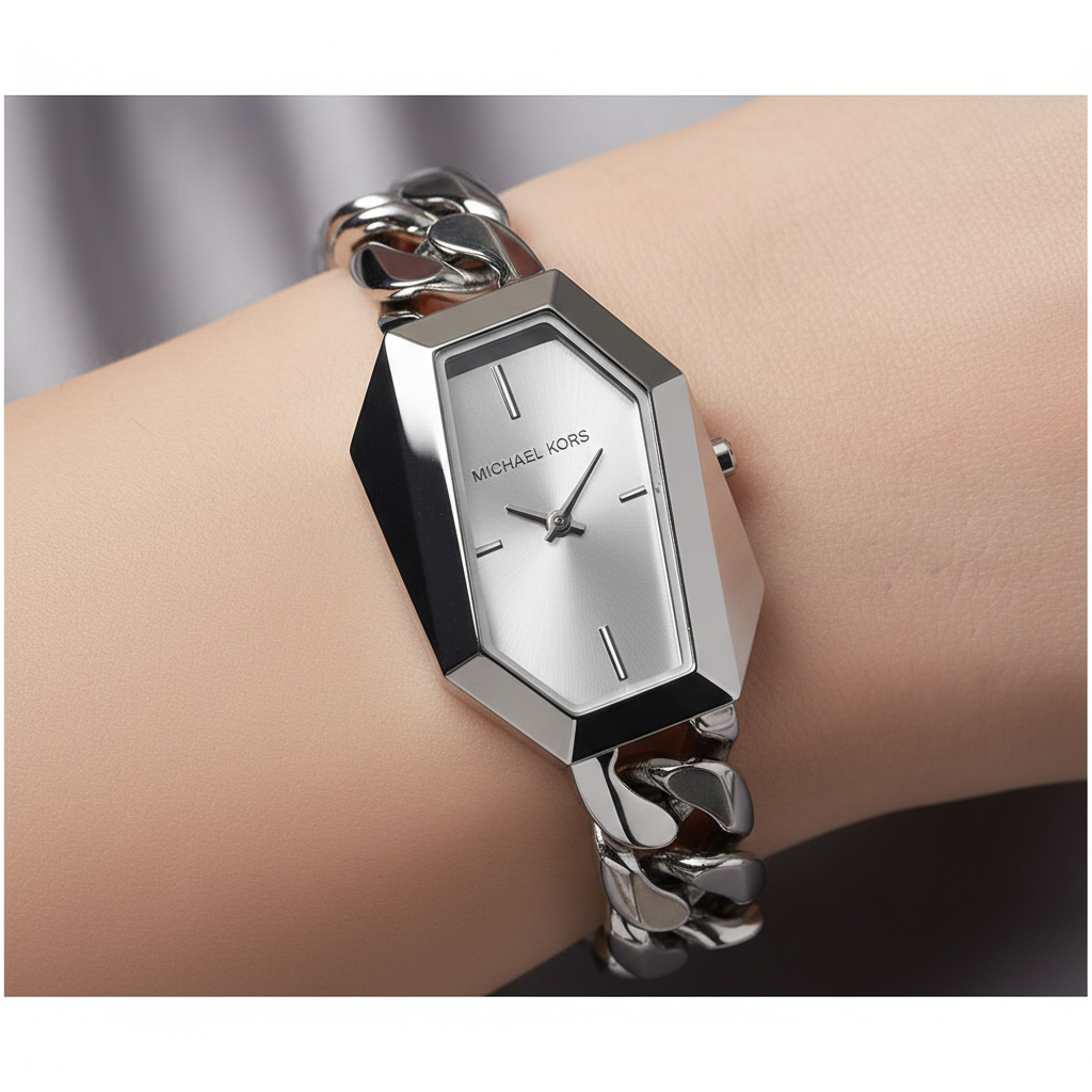Close-up of Michael Kors MK4879 unique hexagonal silver case and sunray silver dial