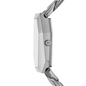 Side profile of Michael Kors MK4879 showing the sharp angles of the polished silver case