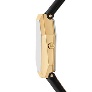 Side profile of Michael Kors MK4880 showing the sharp angles of the gold case and leather strap