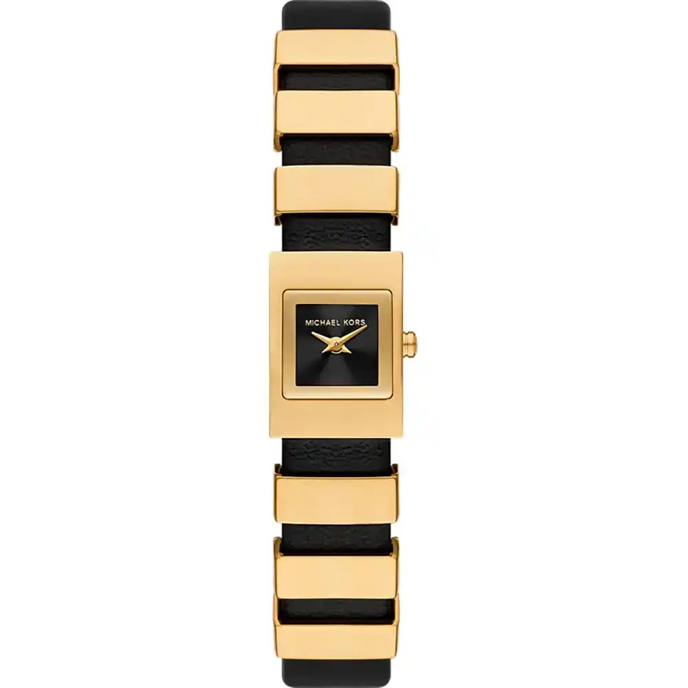 Michael Kors Darrington MK4887 women watch with gold square case and black leather link strap