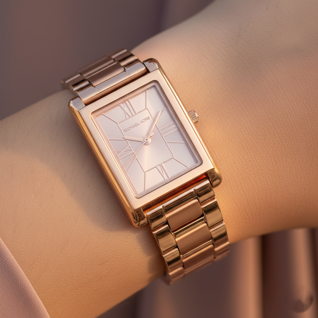 Close-up of Michael Kors MK4905 rose gold sunray dial and Roman numeral index