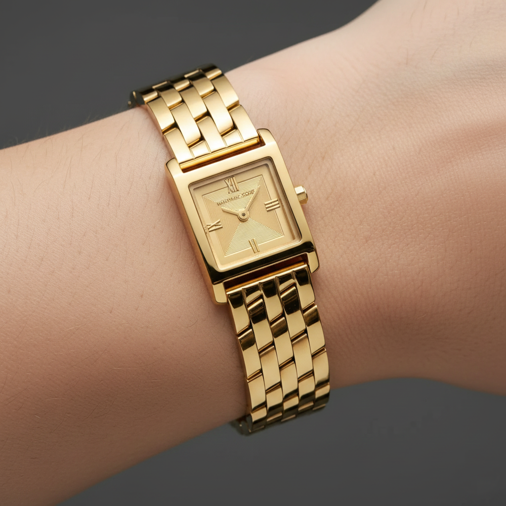 Close-up of Michael Kors MK4931 textured gold sunray dial and polished indices
