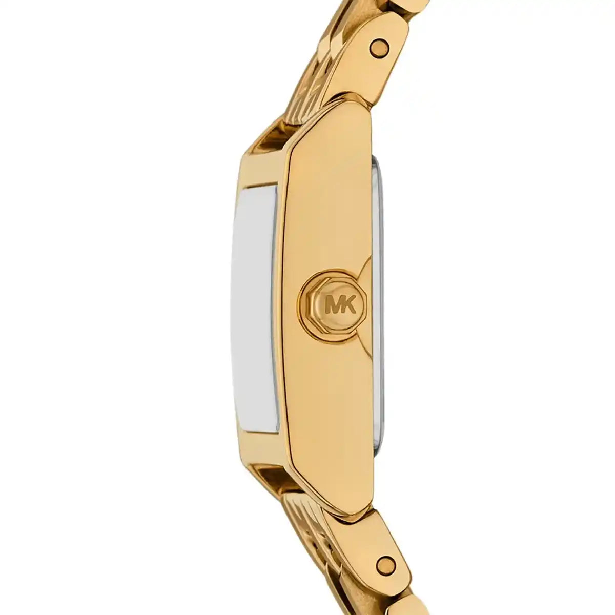 Side profile of Michael Kors MK4931 showing slim gold square case and crown