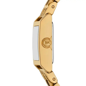 Side profile of Michael Kors MK4931 showing slim gold square case and crown