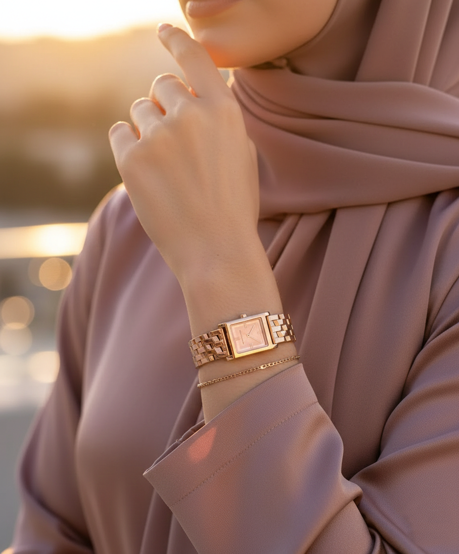 Modest woman wearing Michael Kors MK4932 rose gold square watch on hairless wrist