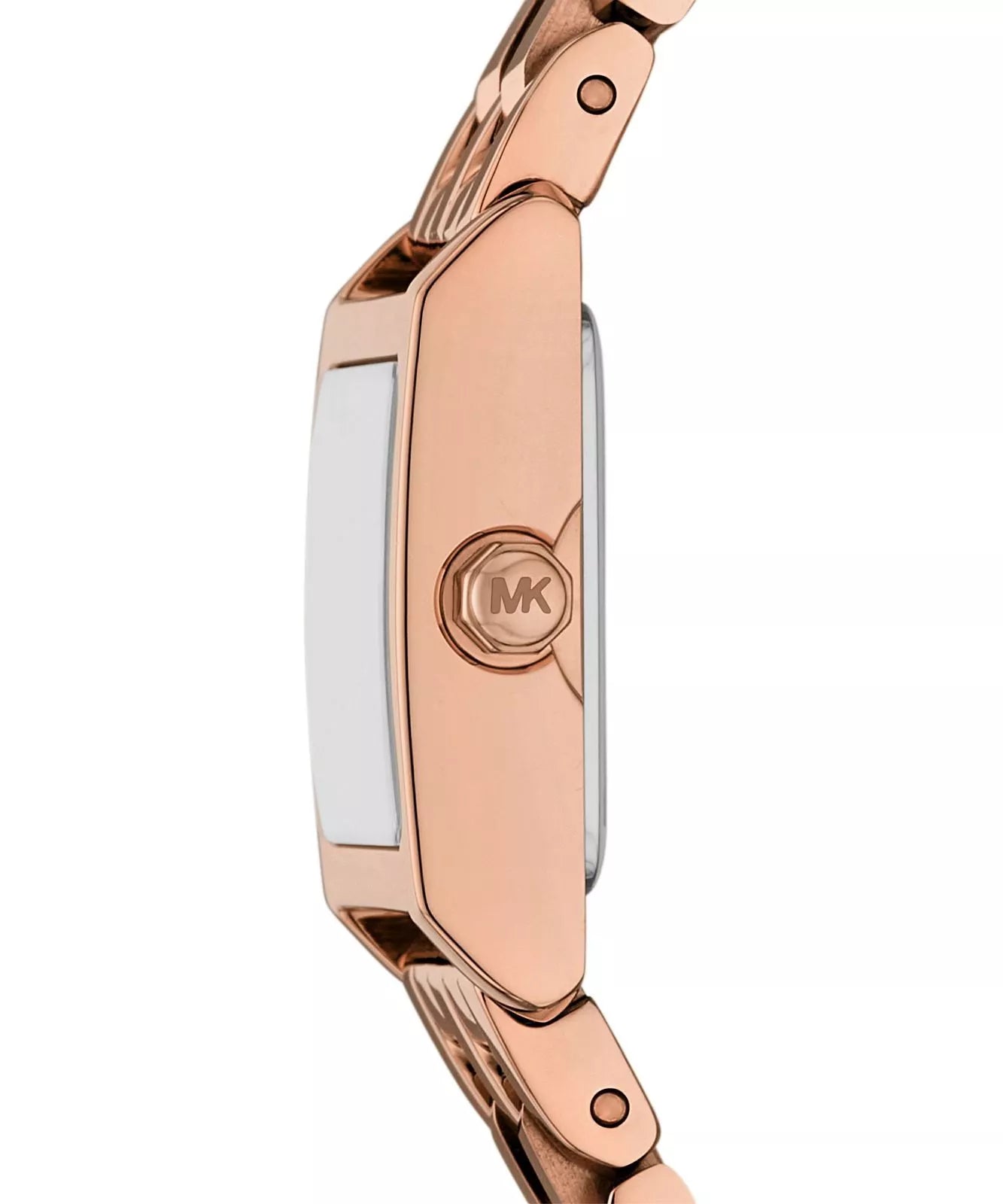 Side profile of Michael Kors MK4932 showing slim rose gold square case and crown