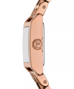 Side profile of Michael Kors MK4932 showing slim rose gold square case and crown