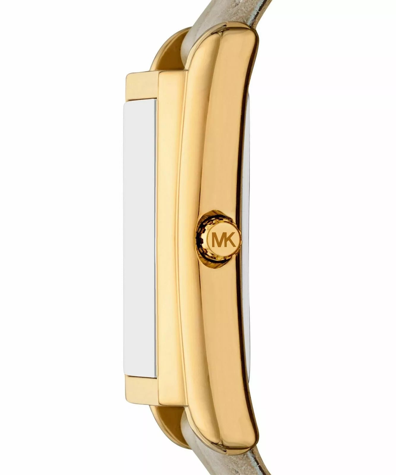 Side profile of Michael Kors MK4964 showing the rectangular gold case and grey strap