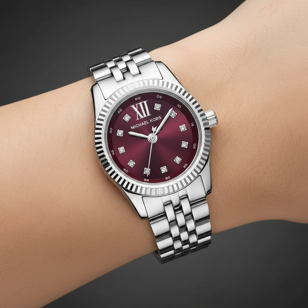 Close-up of Michael Kors MK4968 burgundy dial with crystal markers and fluted bezel