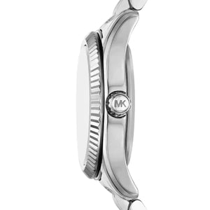 Side profile of Michael Kors MK4968 showing polished silver case and crown