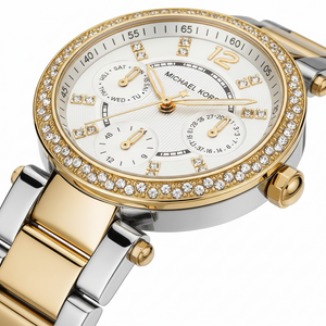 تفاصيل مينا ساعة Michael Kors MK6055 البيضاء والعدادات الصغيرة وفصوص الكريستال