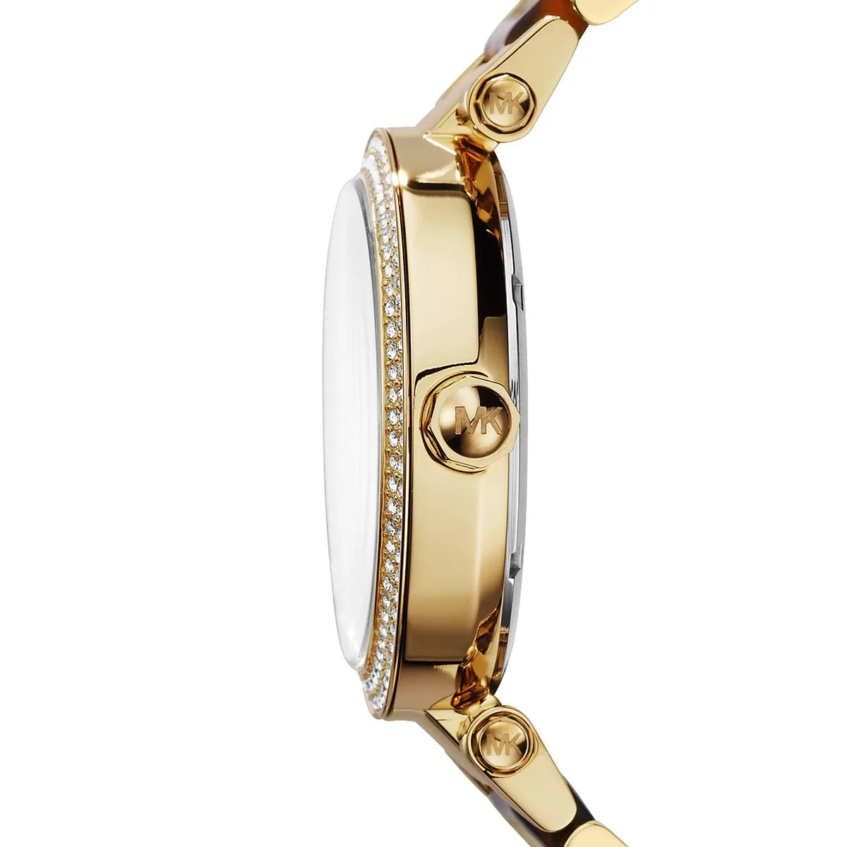 Side view of Michael Kors MK6109 showing crystal setting and gold case