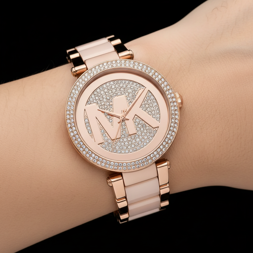 تفاصيل مينا ساعة Michael Kors MK6176 البينك والإطار المرصع بفصوص الكريستال المزدوجة