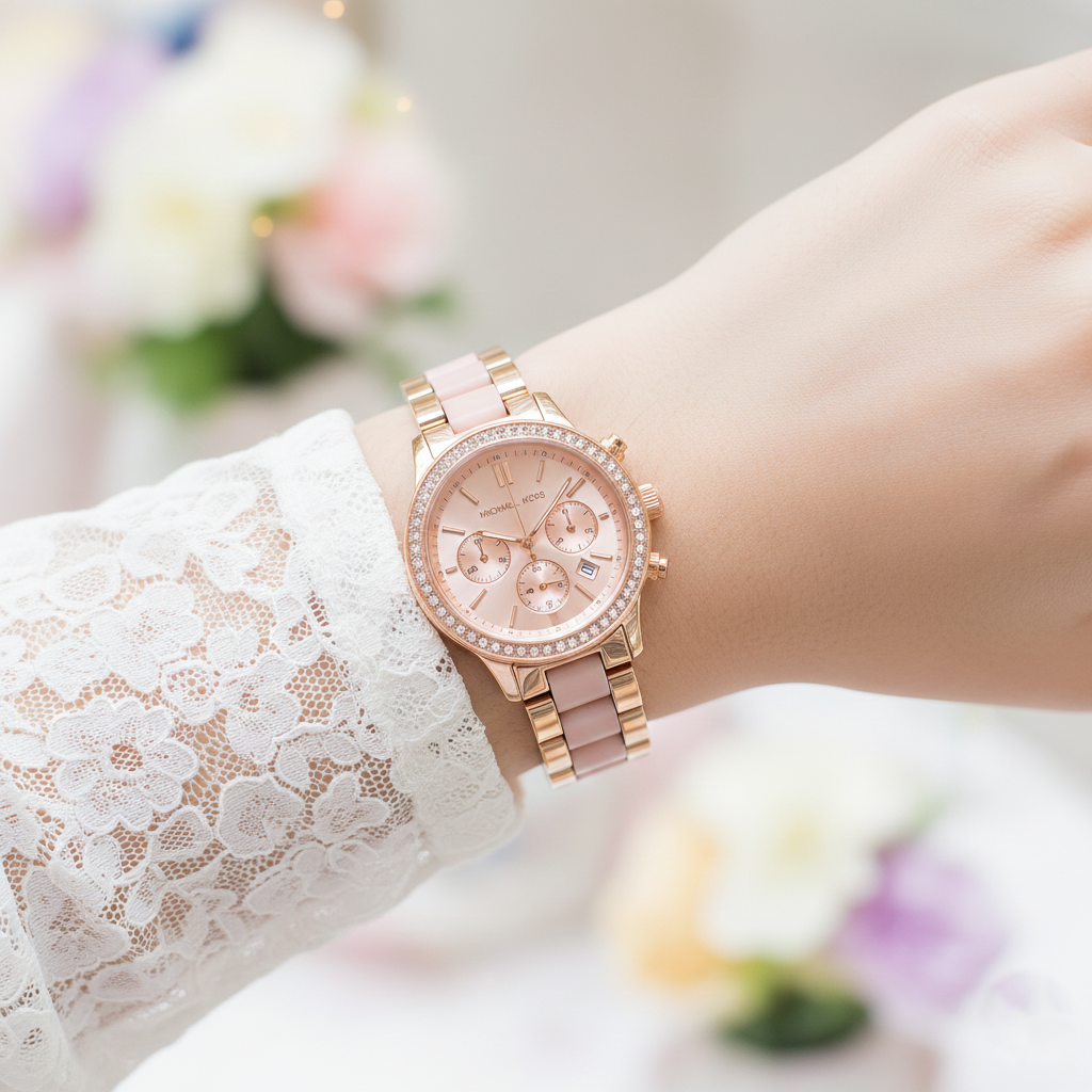 Feminine woman wearing Michael Kors MK6307 rose gold and pink watch on smooth hairless wrist