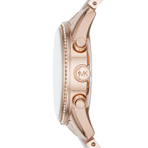 Side view of Michael Kors MK6307 showing chronograph pushers and rose gold case