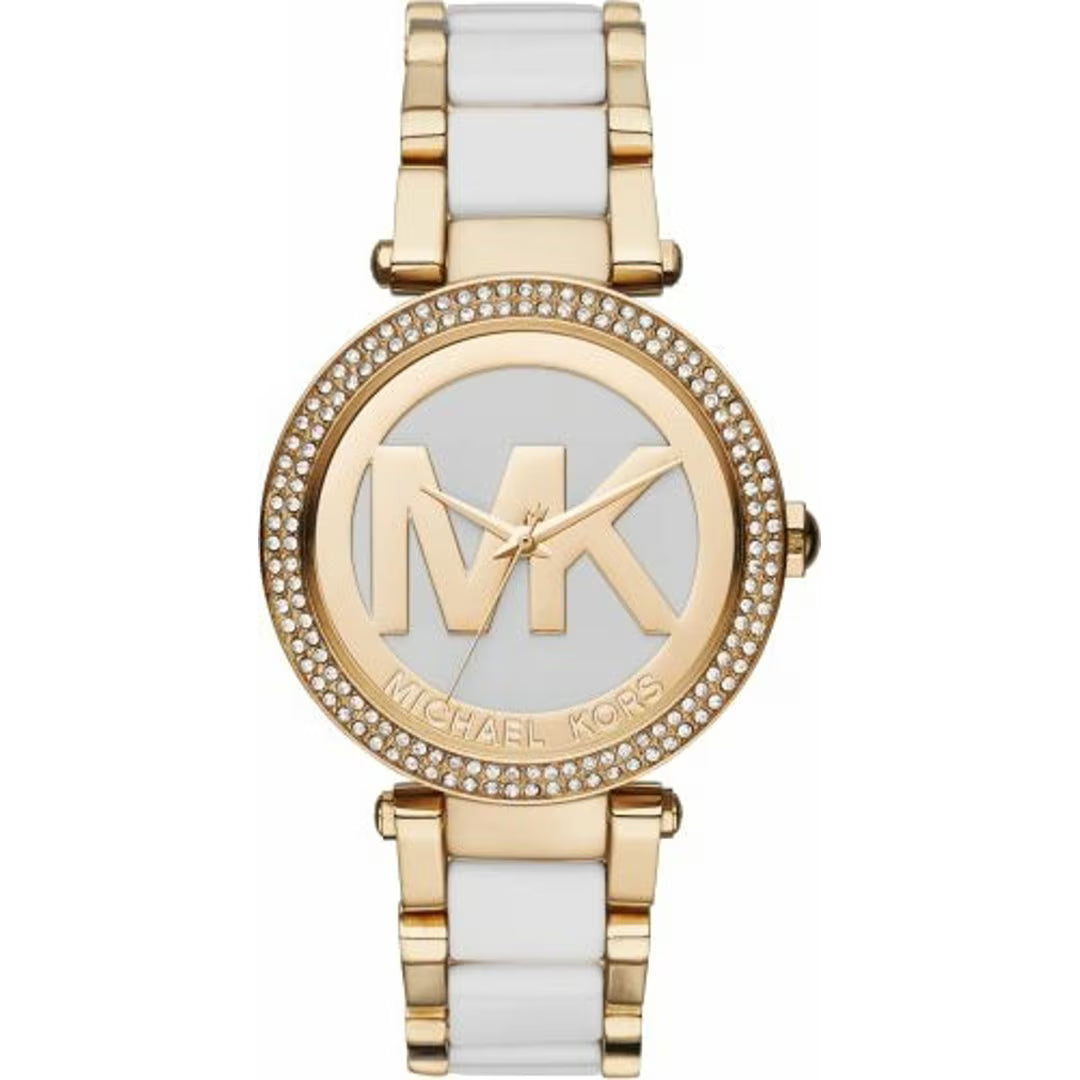 ساعة Michael Kors MK6313 أصلية حريمي ذهبي في أبيض بلوجو MK من Luxury Hub