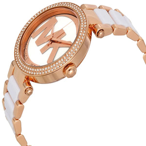 Angled front view of Michael Kors MK6365 showing depth of logo dial
