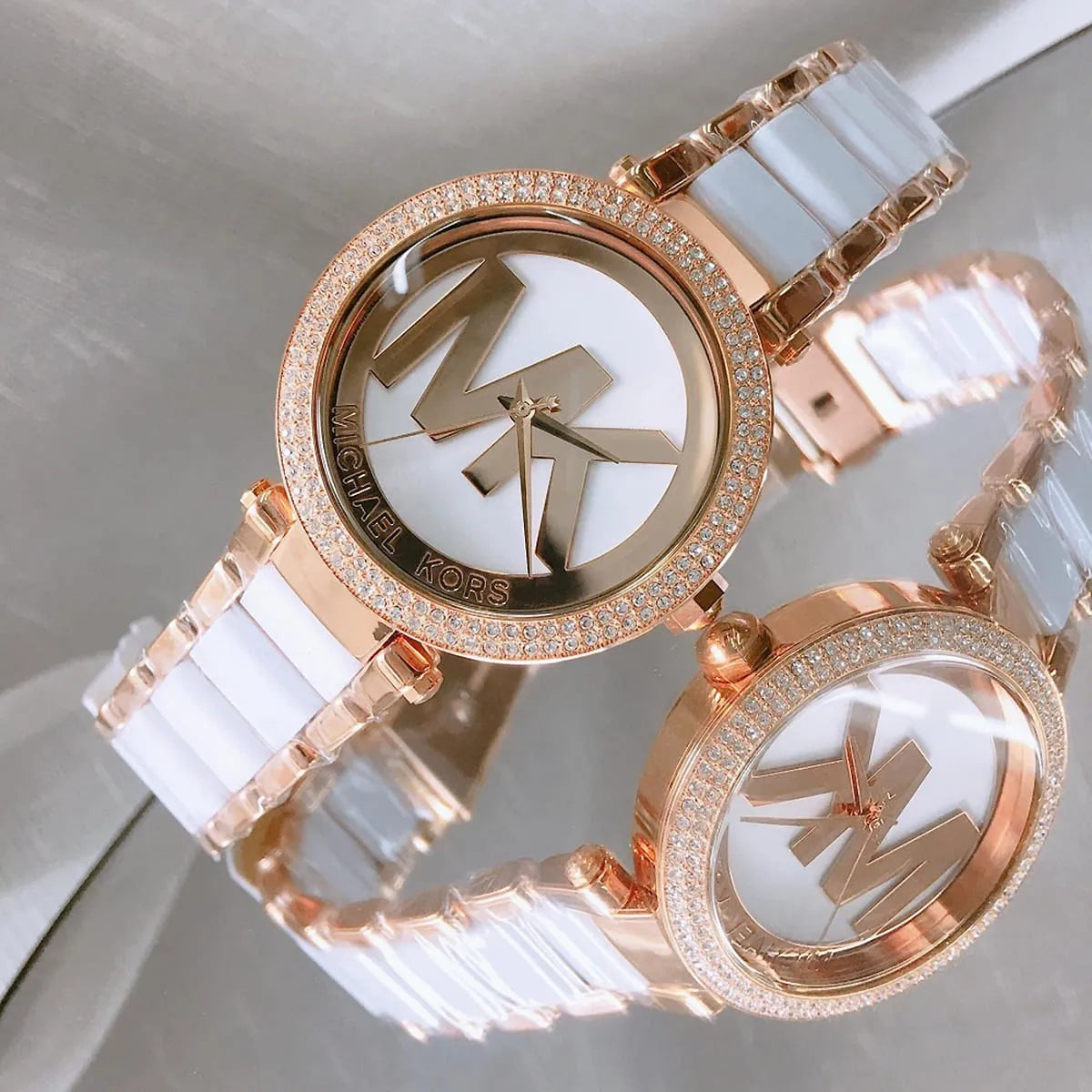 Close-up shot of Michael Kors MK6365 double row crystal bezel