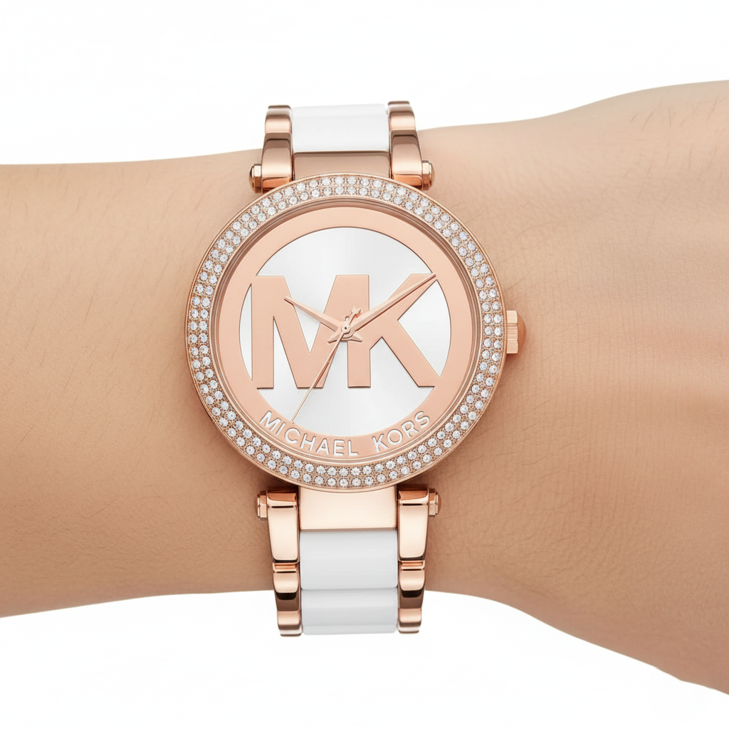 Extreme close-up of Michael Kors MK6365 showing large MK logo and crystal bezel