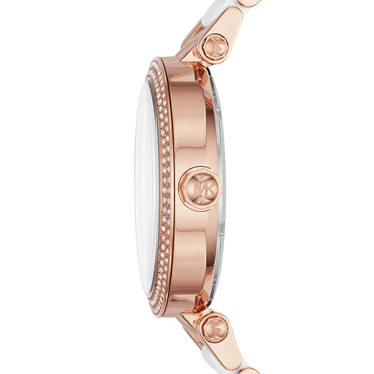 Side view of Michael Kors MK6365 showing crystal setting and rose gold case