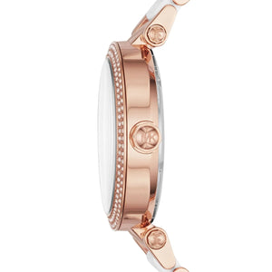 Side view of Michael Kors MK6365 showing crystal setting and rose gold case