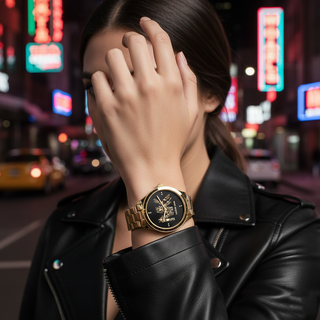 Edgy chic woman wearing Michael Kors MK6682 gold and black watch on smooth hairless wrist